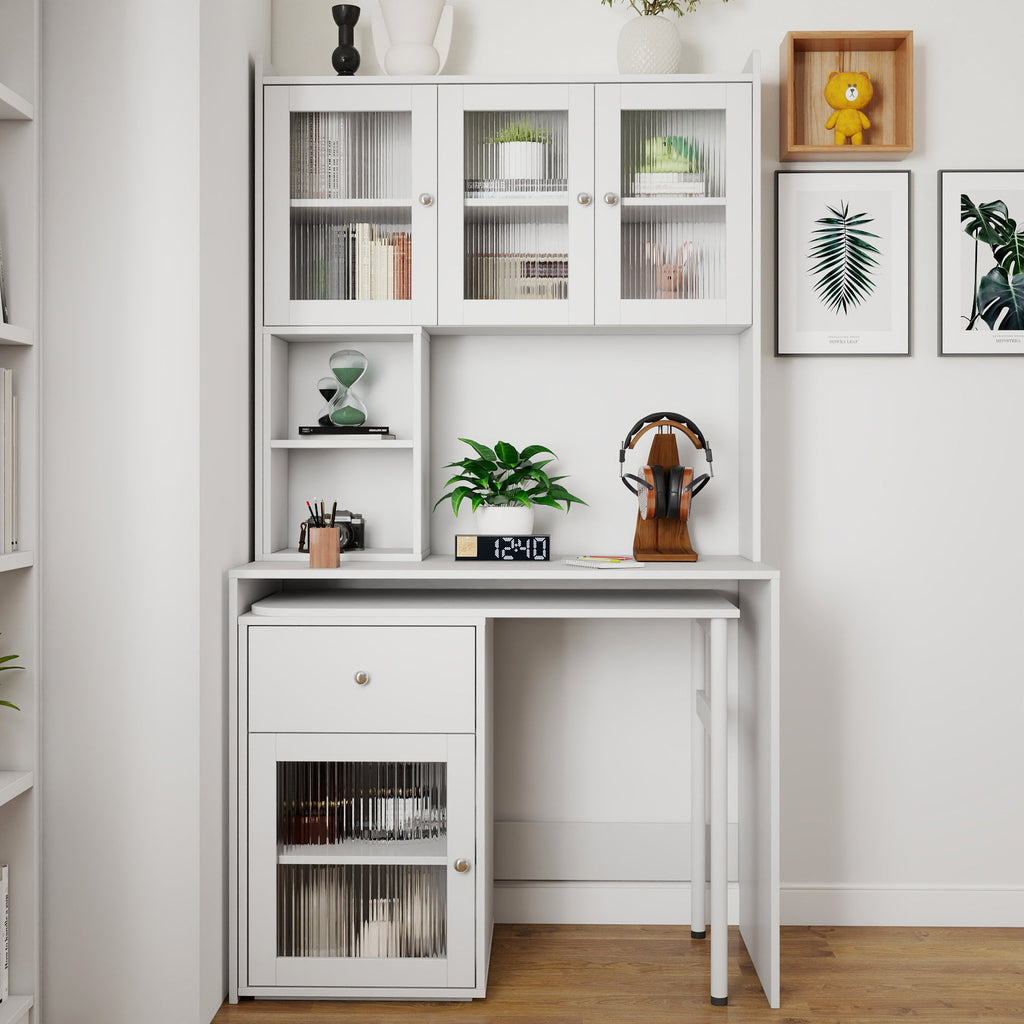90 Degree Rotating Desktop Computer Desk with Glass Door for Home Office