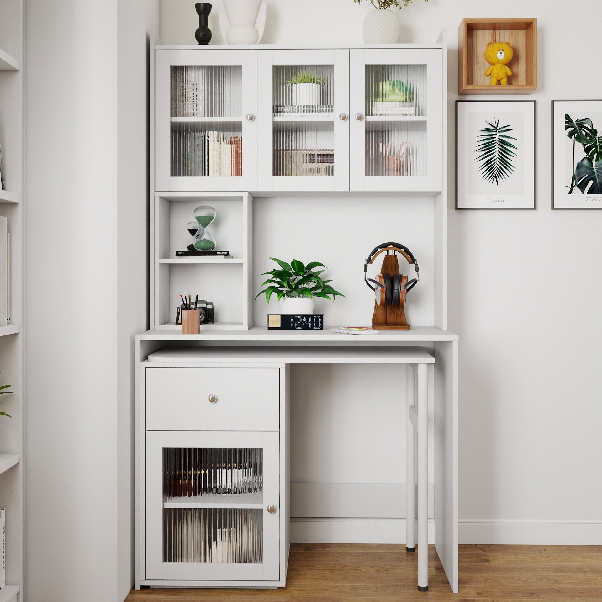90 Degree Rotating Desktop Computer Desk with Glass Door for Home Office