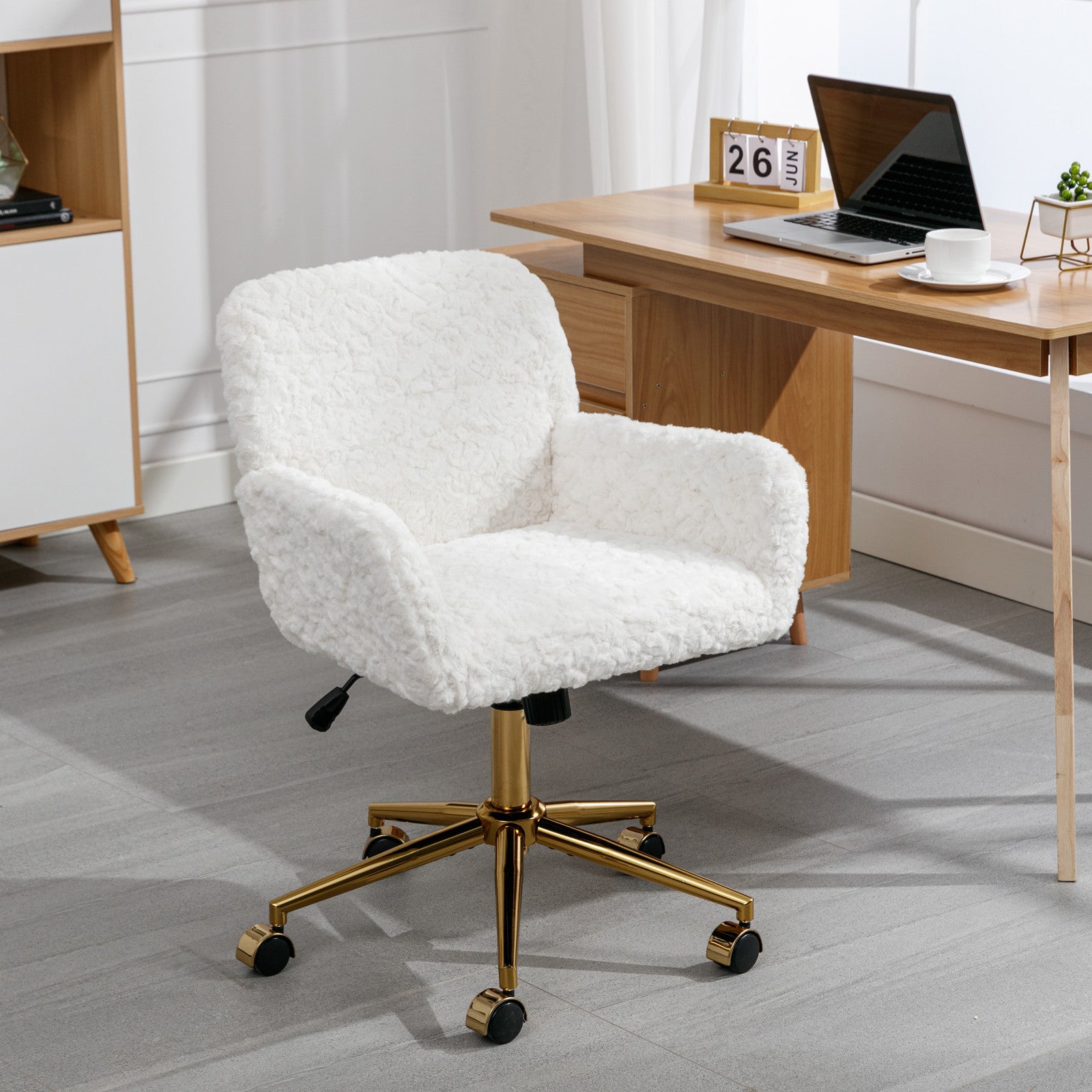 Artificial Rabbit Hair Home Office Chair with Golden Metal Base