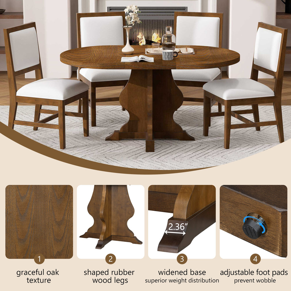 5-Piece Farmhouse Extendable Dining Table Set with 4 Upholstered Chairs