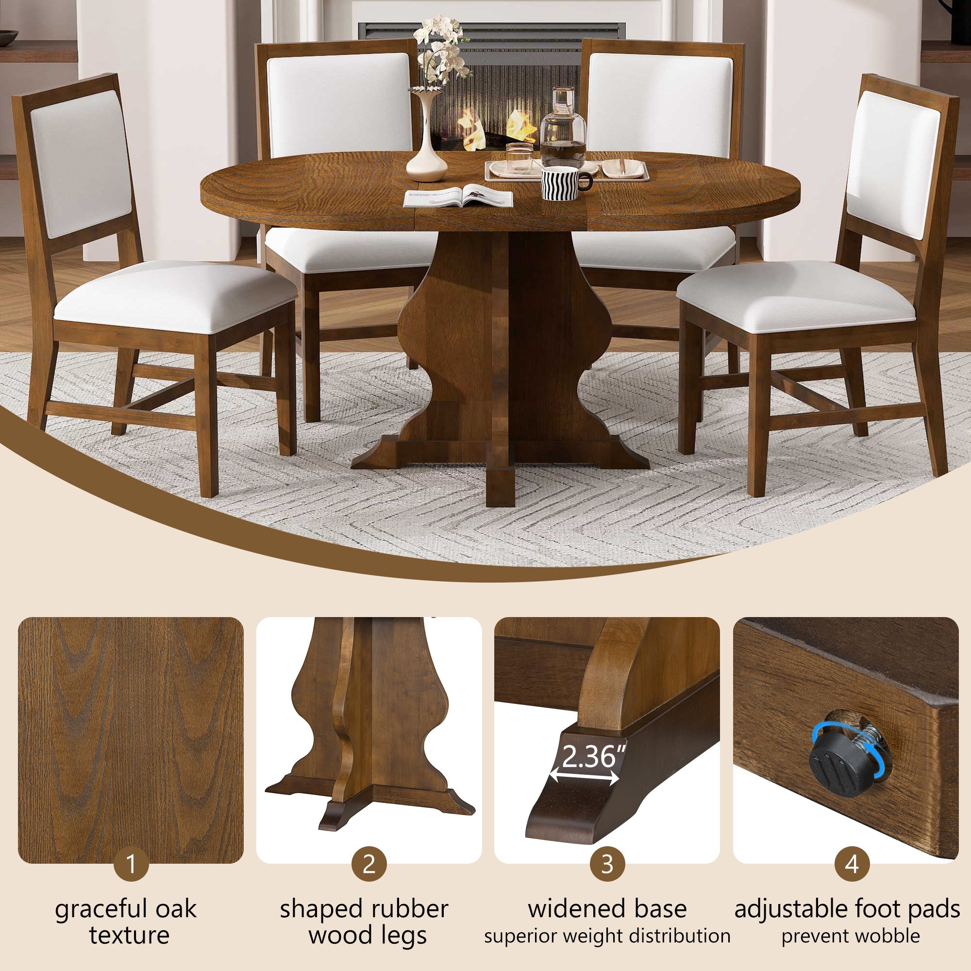 5-Piece Farmhouse Extendable Dining Table Set with 4 Upholstered Chairs