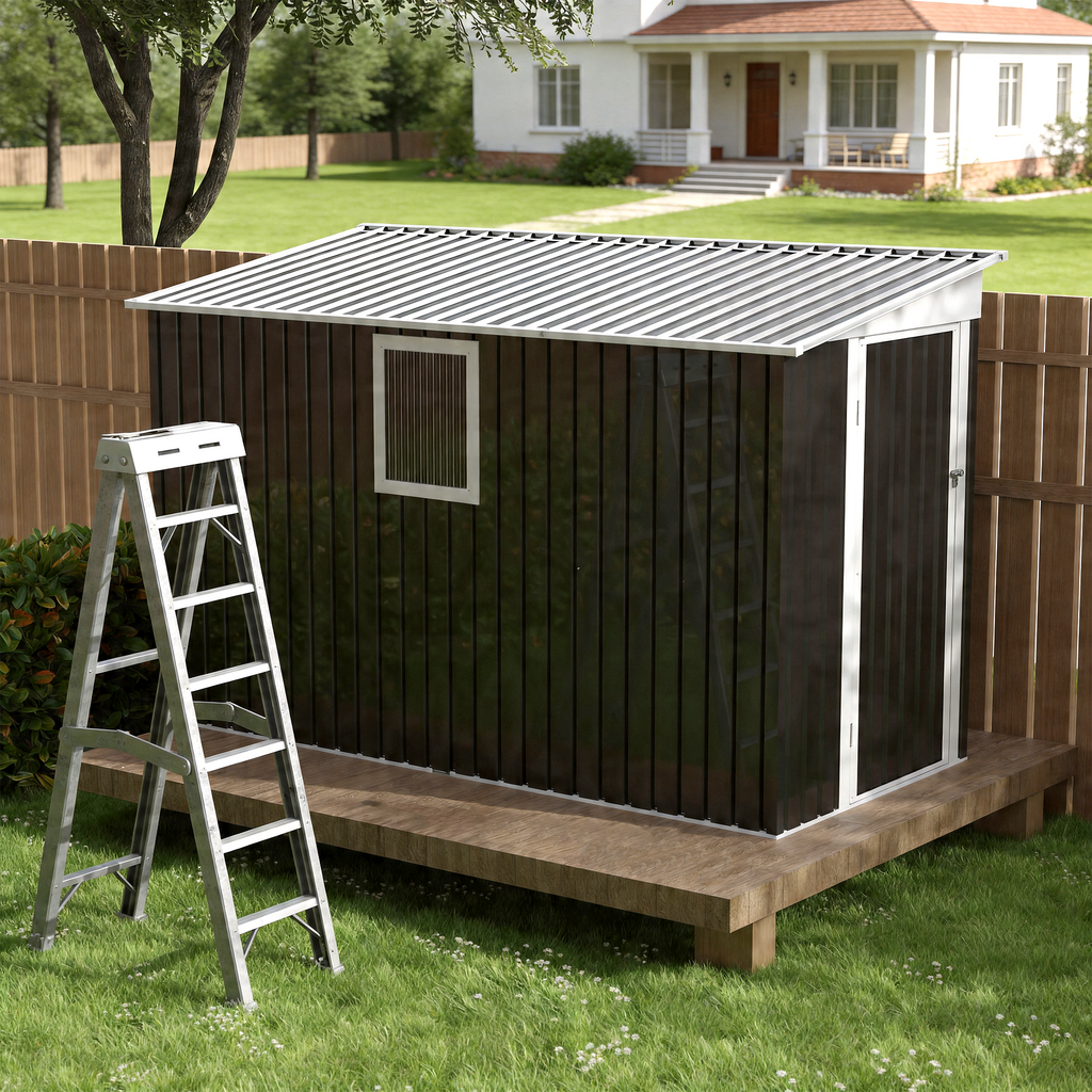 4X9 FT Metal Garden Shed with 1 Window Hinge Door Outdoor Storage
