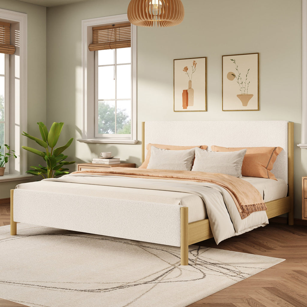 Modern White Boucle Upholstered Bed