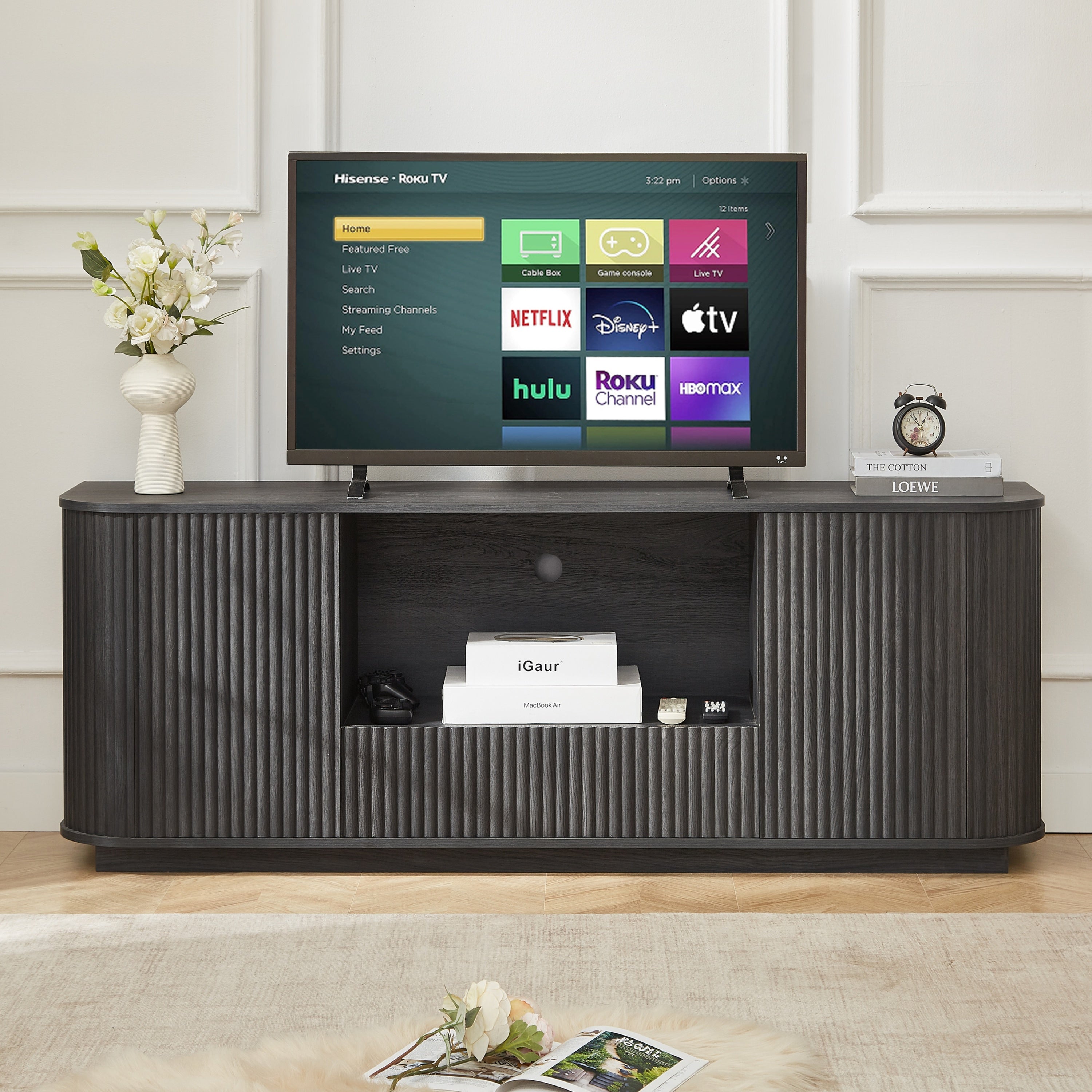 64-Inch Wavy Wooden Vertical Stripe TV Stand Cabinet