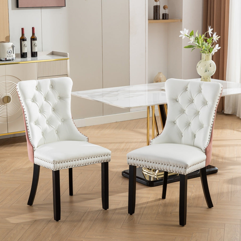 Tufted Solid Wood PU Upholstered Dining Chair with Wood Legs (Set of 2)