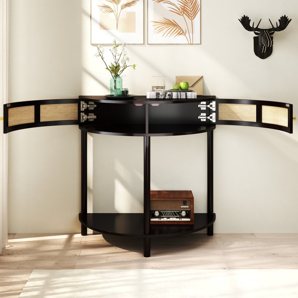 Rattan Semi Circle End Table with 2 Rattan Storage Cabinet