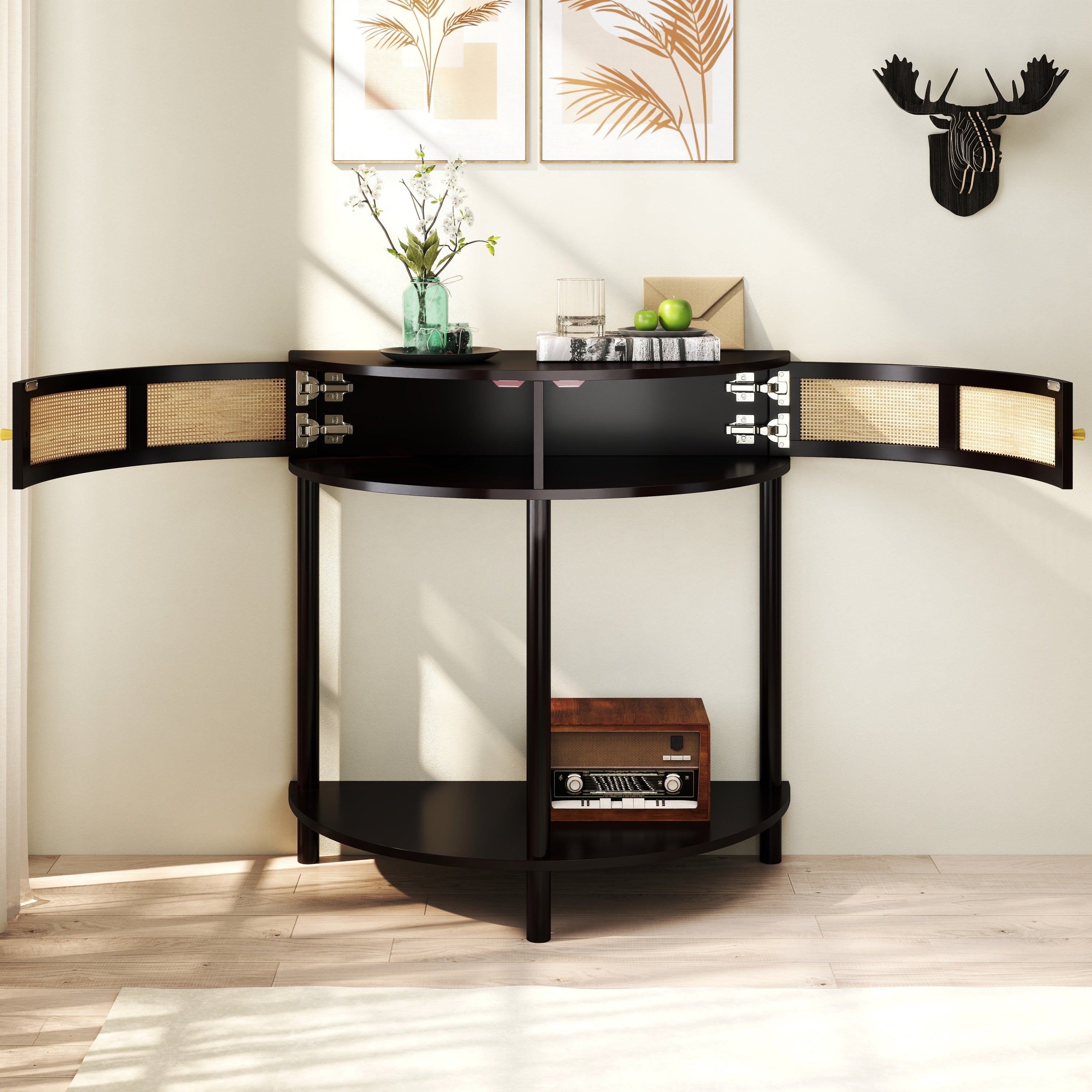 Rattan Semi Circle End Table with 2 Rattan Storage Cabinet