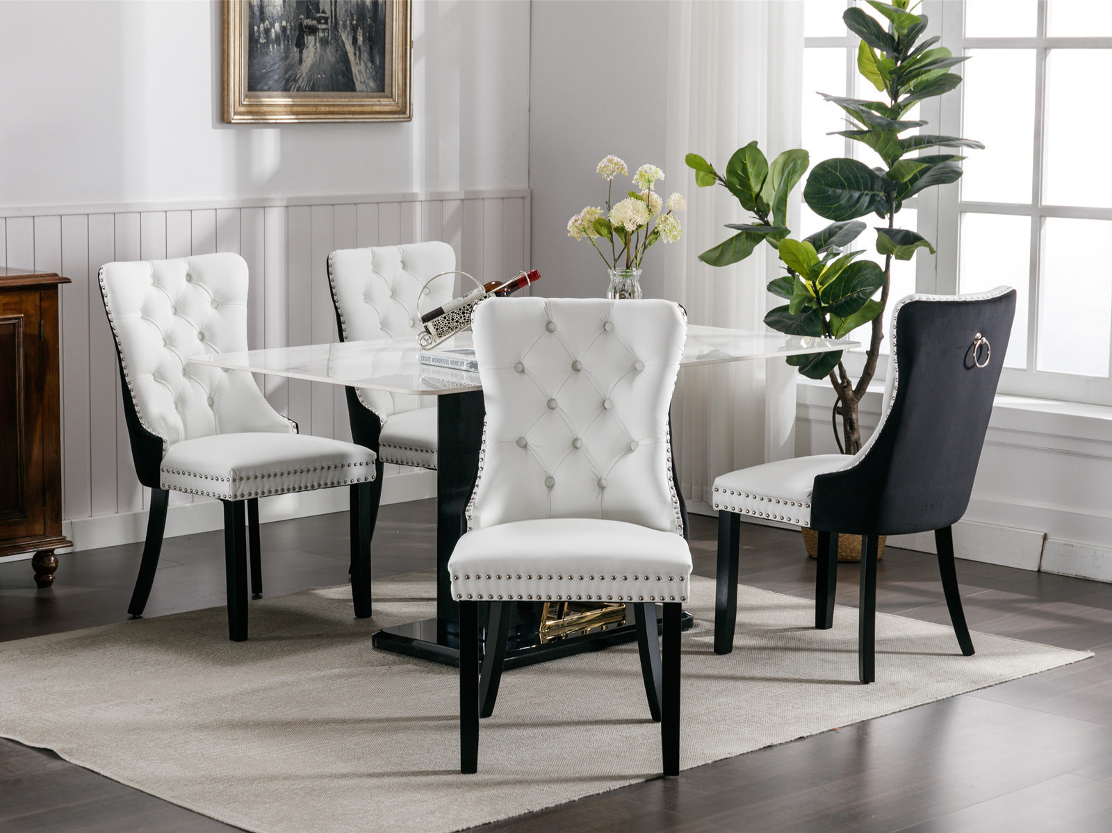 Tufted Solid Wood PU Upholstered Dining Chair with Wood Legs (Set of 2)