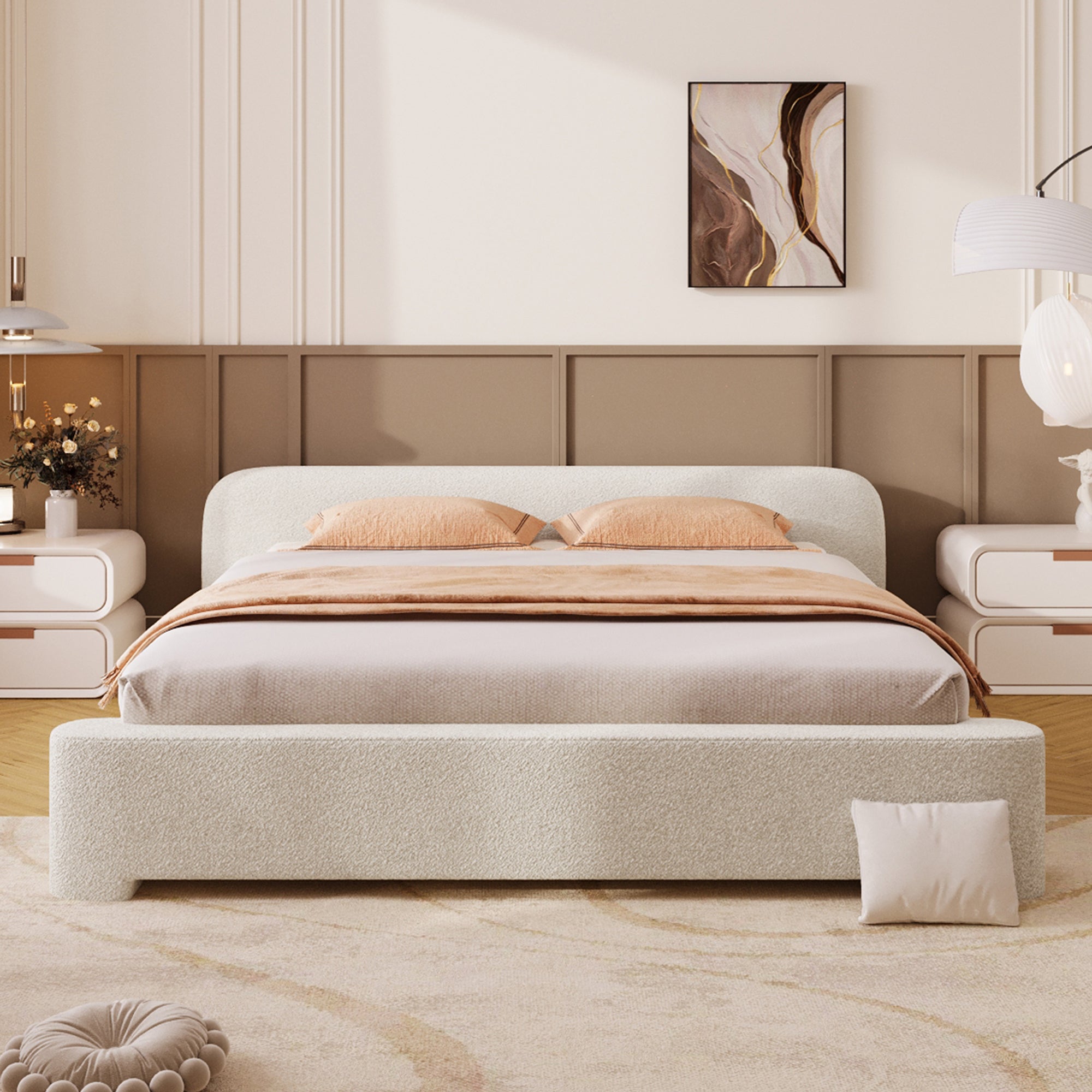 Cozy White Bouclé Upholstered Wood Bed