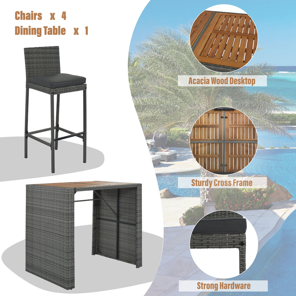 5-Piece Outdoor Wicker Bar Set with Removable Cushion and Acacia Top