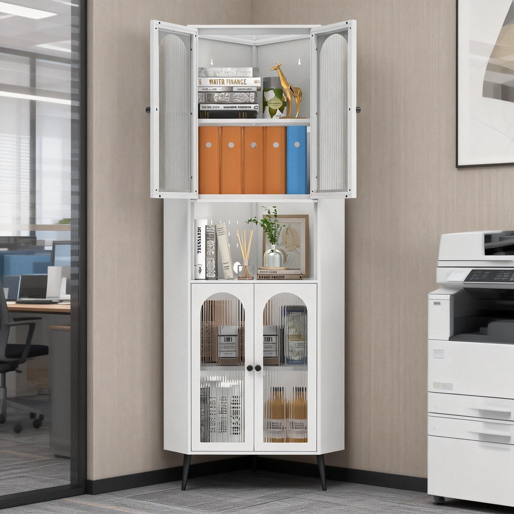 White 73in Corner Storage Cabinet Metal with Doors Adjustable Shelves Space-Saving
