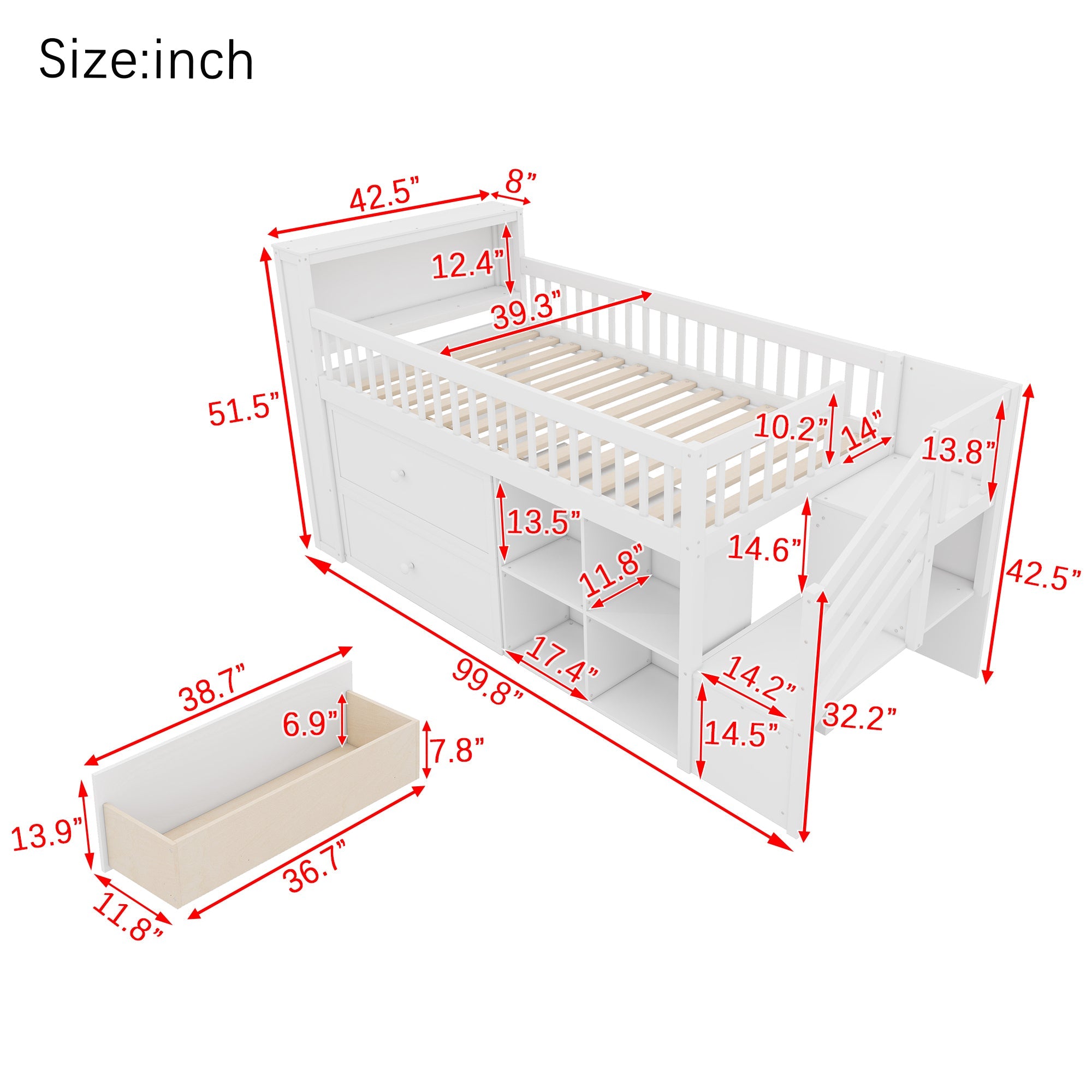 Twin Size Loft Bed with LED and Bookshelf