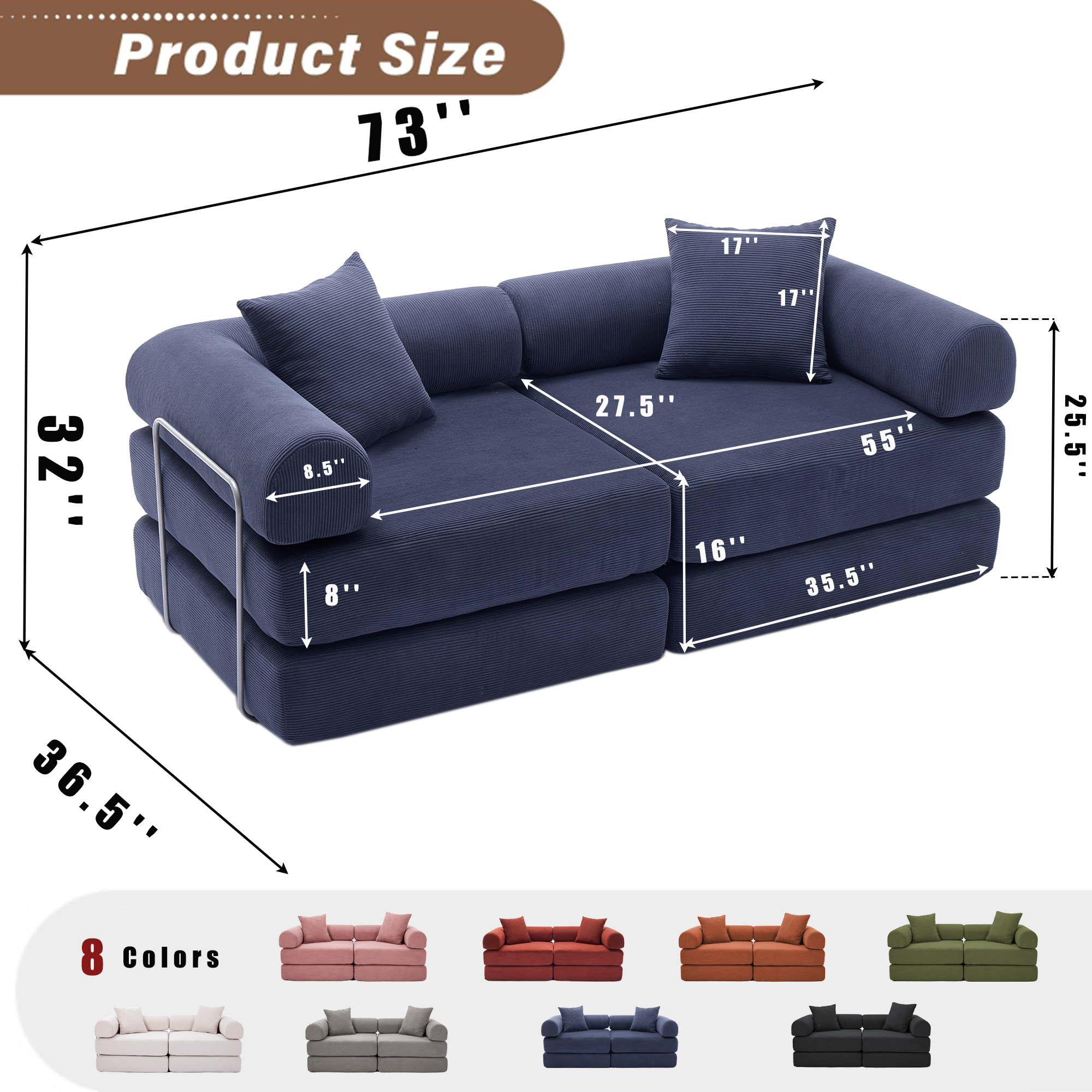 2 Seat Convertible Couch Folding Mattress Couch Sofa Bed
