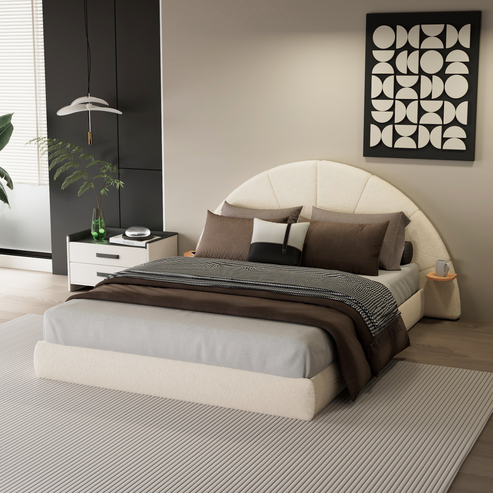 Unique Arched Boucle Bed with Small Table