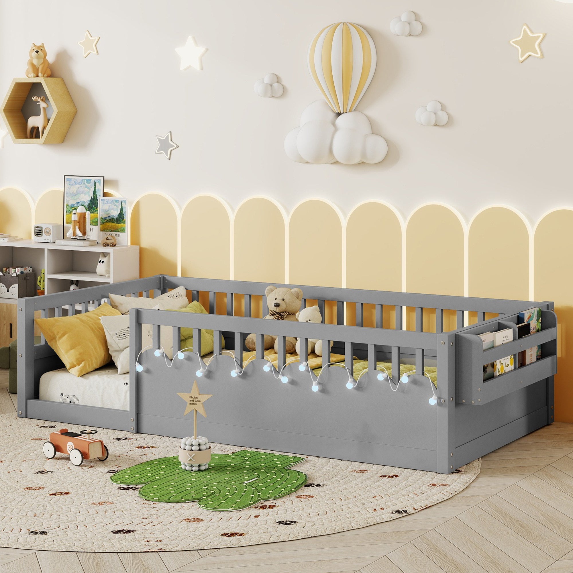 Twin/Full Montessori Floor Kids Bed Frame with High Rails