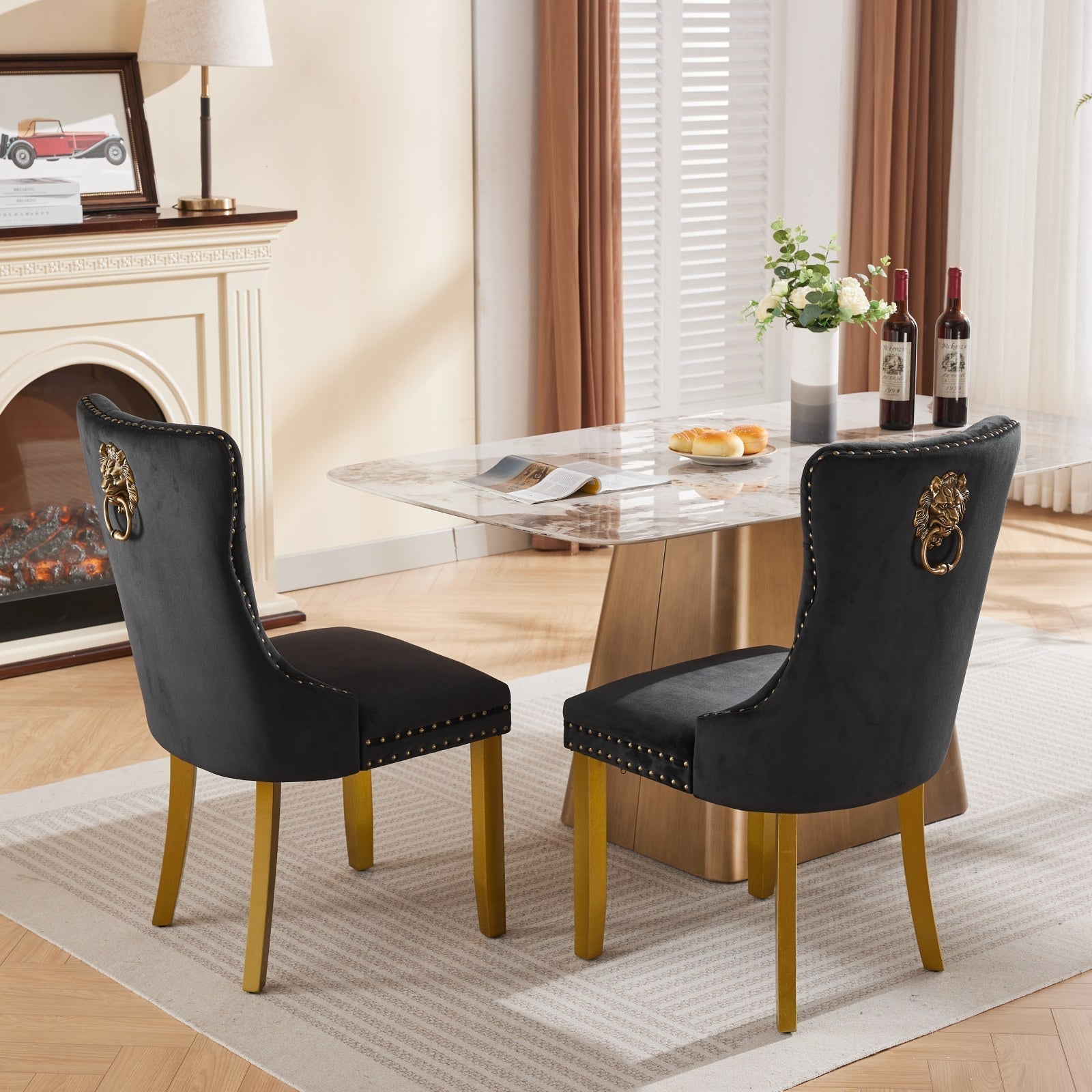 Mid-Century Velvet Dining Chairs with Lion Head Pull Ring (Set of 2)