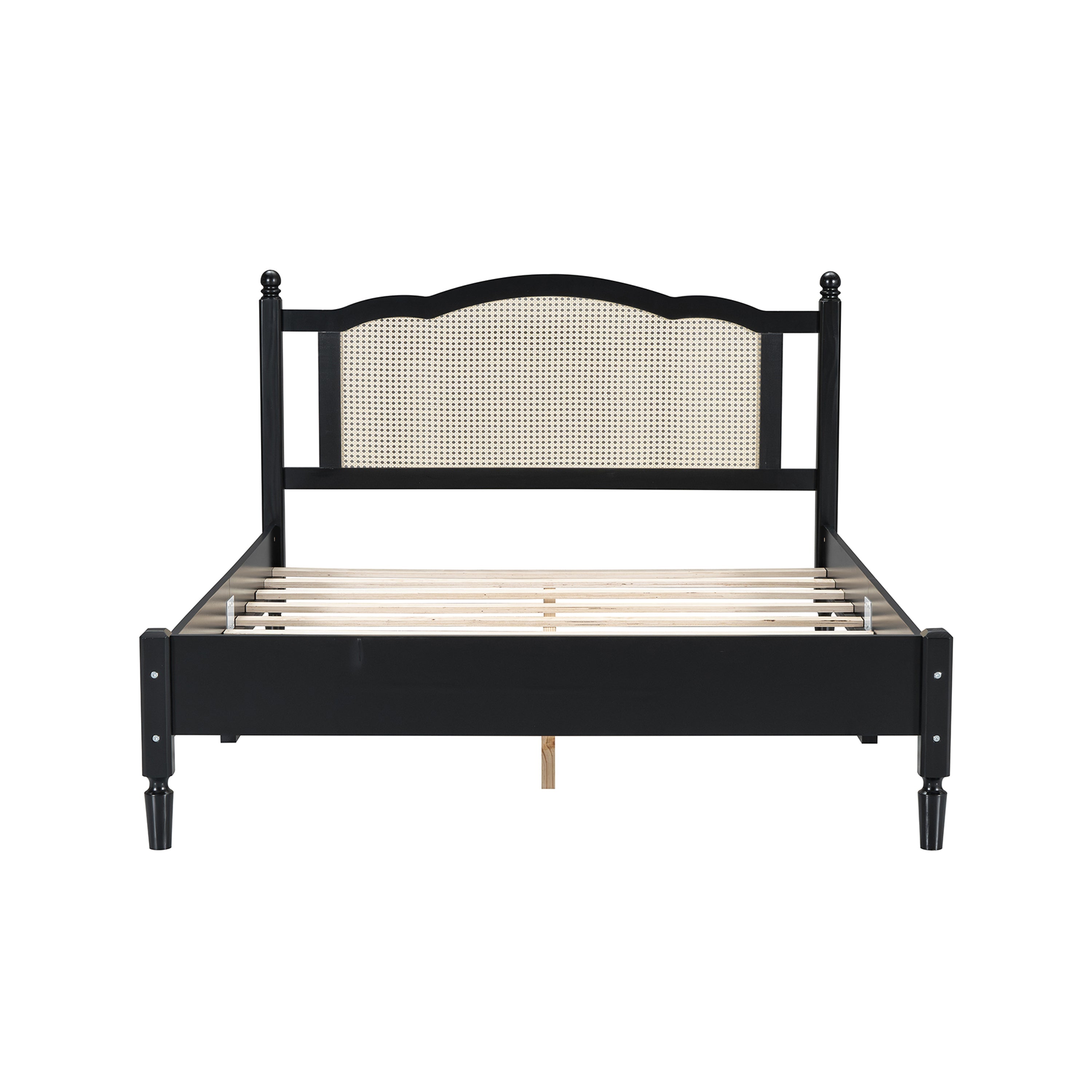 Queen Size Wooden Platform Bed with Natural Rattan Headboard