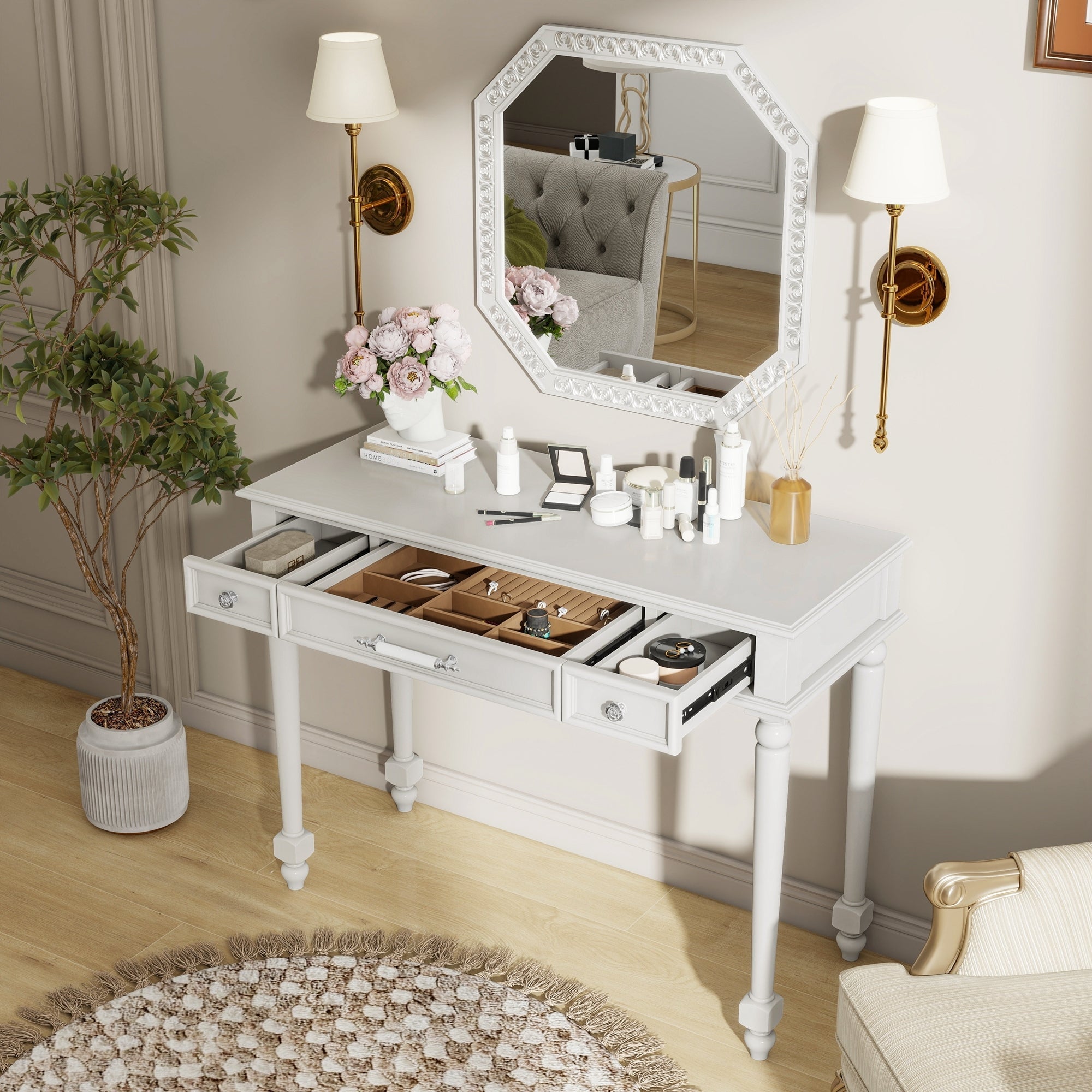 Retro Makeup Desk with Large Mirror