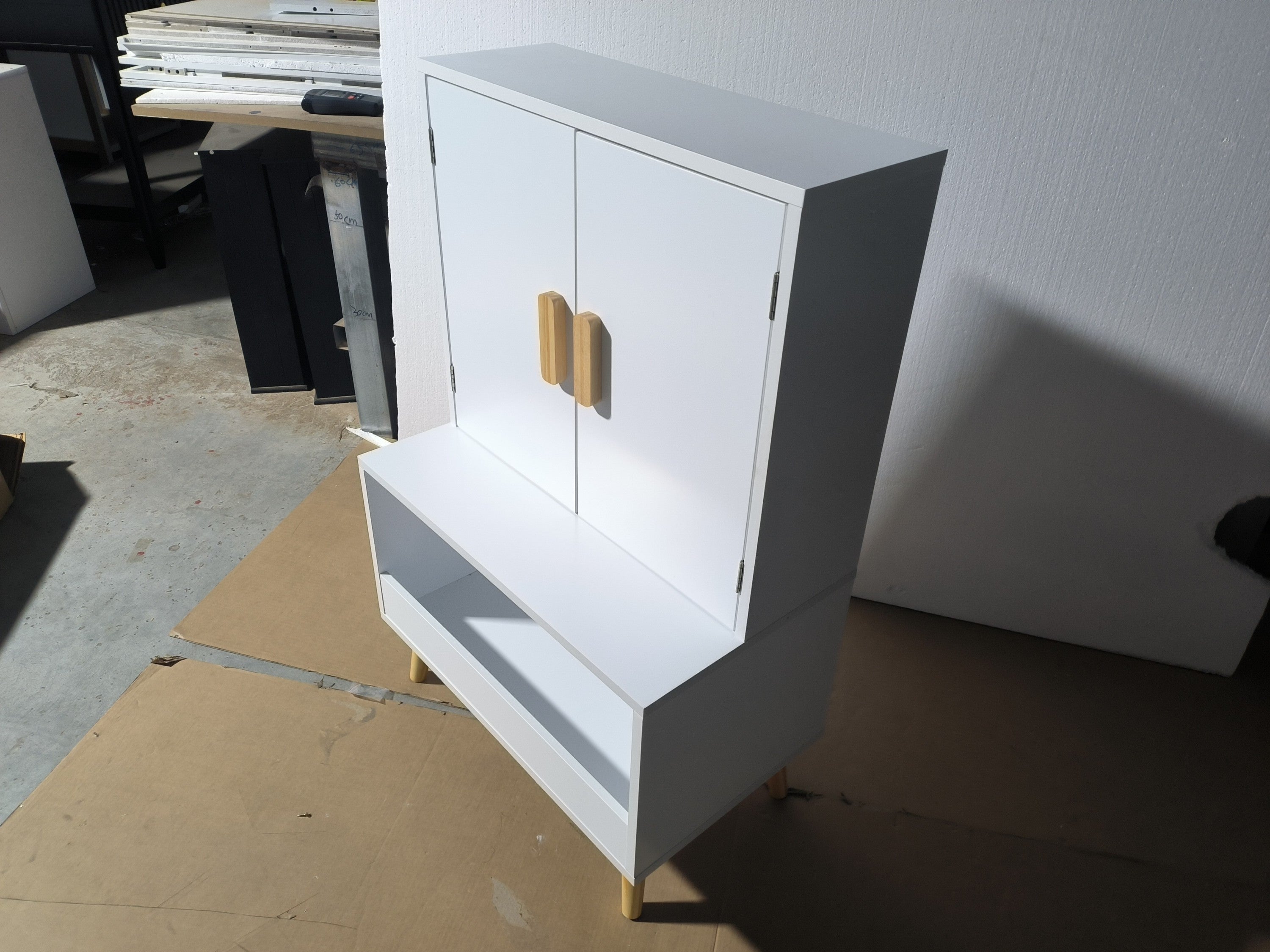 White Modern Wooden Toy Storage Cabinet with Natural Wood Legs