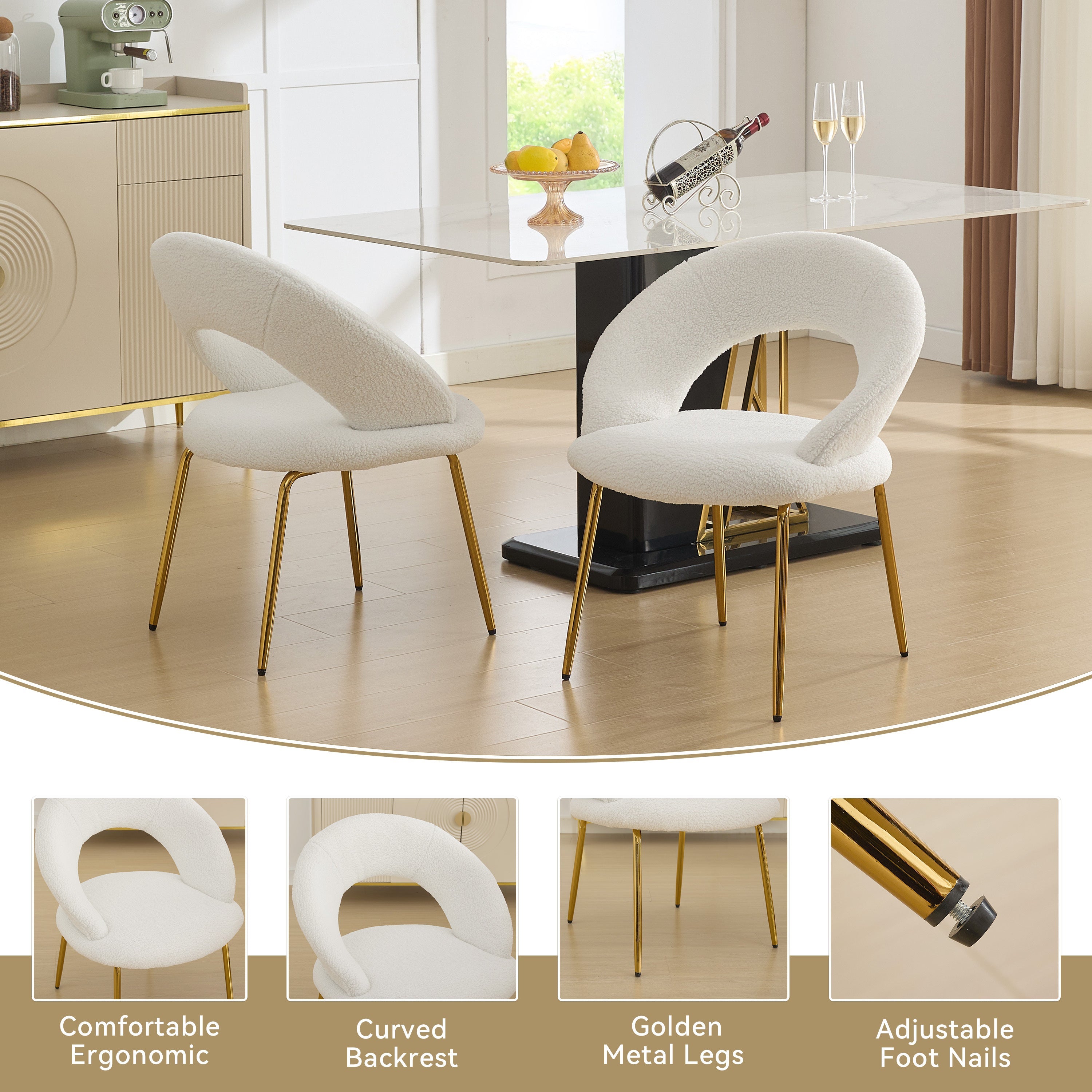 Velvet/Teddy Fabric Dining Chairs with Curved Backrest