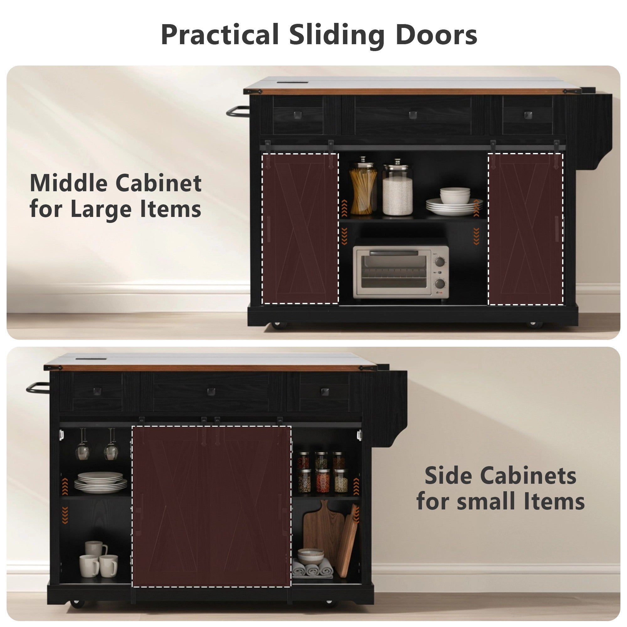 58“ Farmhouse Kitchen Island with Storage Sliding Barn Door Metal Grid Side Door