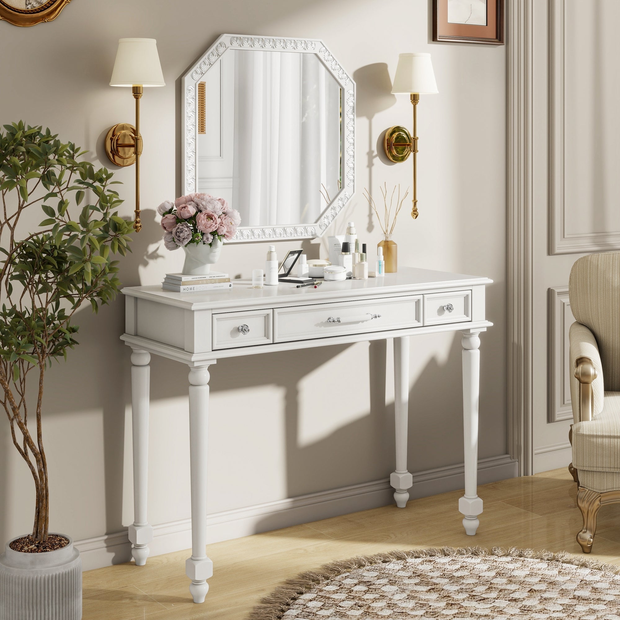 Retro Makeup Desk with Large Mirror