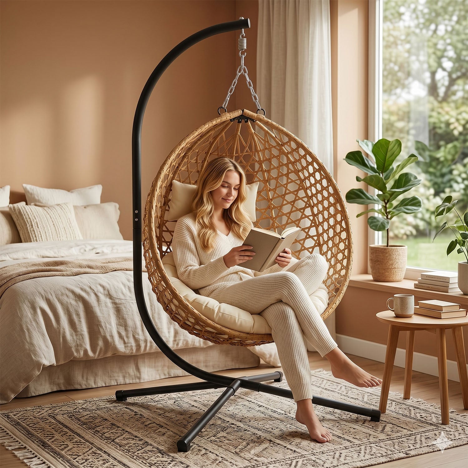 Folding PE Rattan Hanging Egg Chair with Aluminum Steel Frame