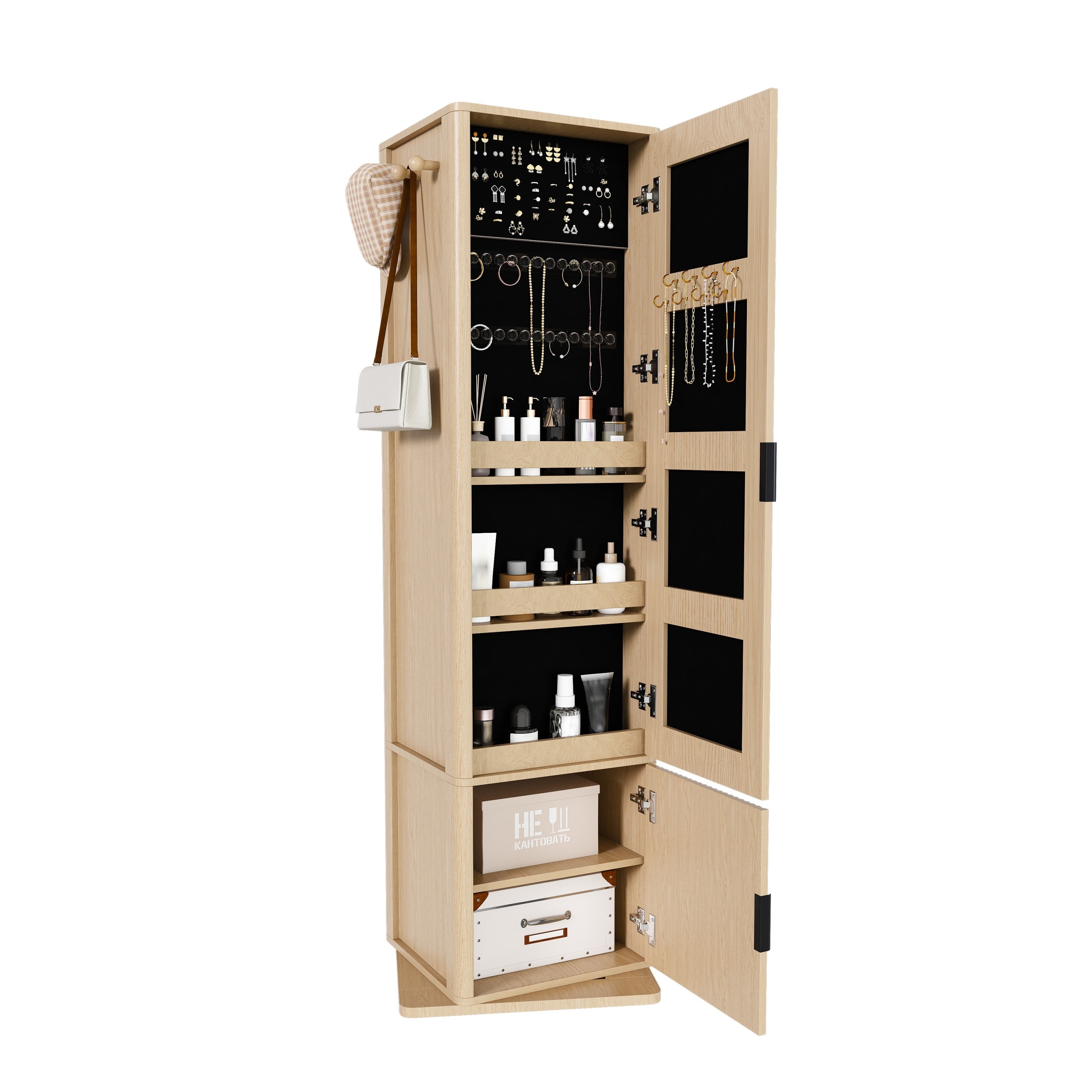 360° Rotating Makeup Cabinet with Full-Length Mirror and Jewelry Storage