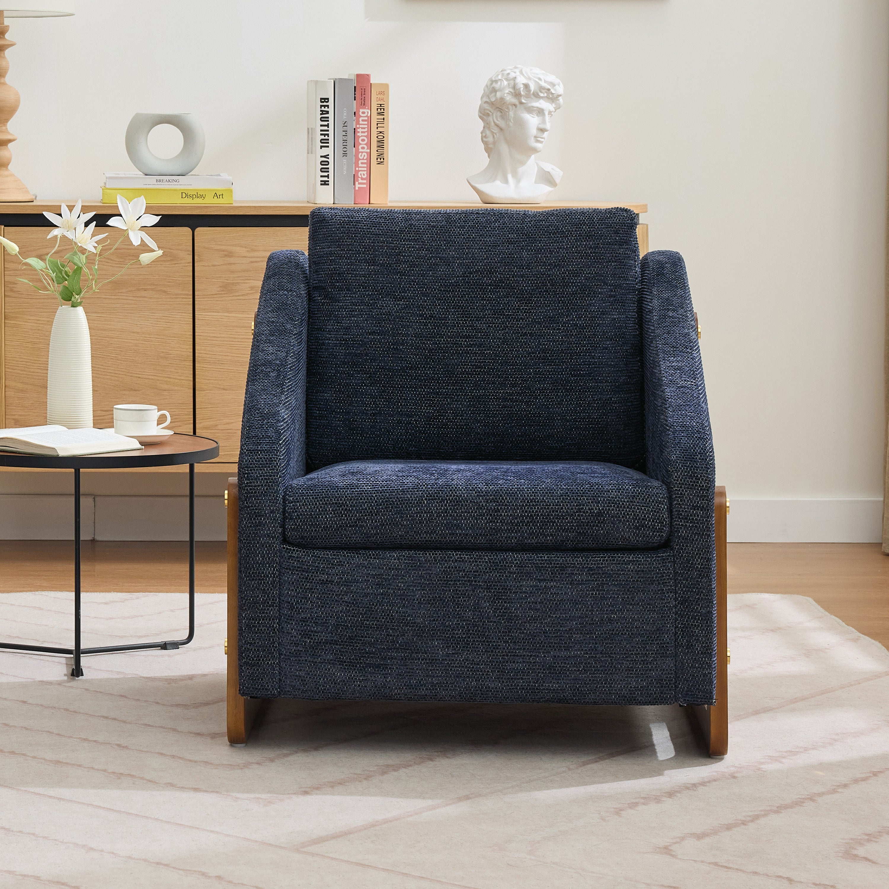 Modern Upholstered Armchair with Wooden Side Frame