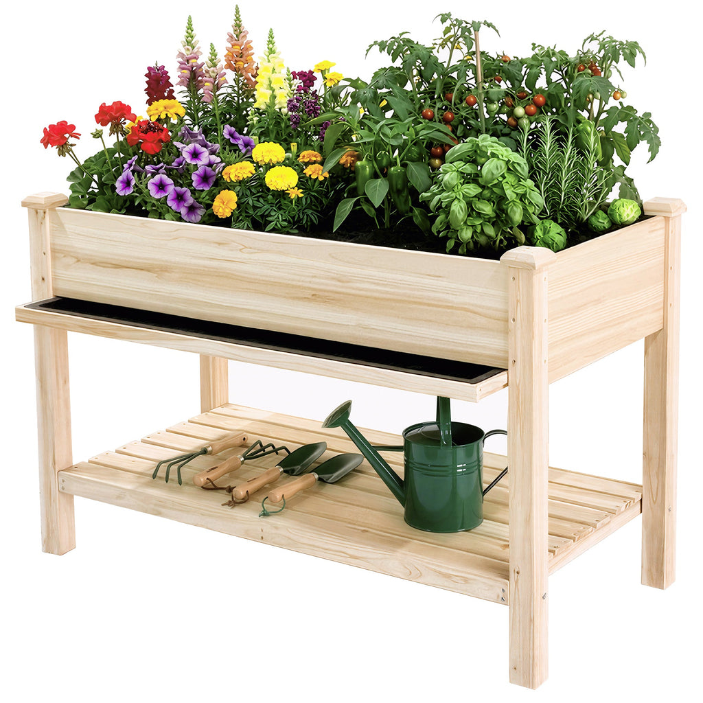 Outdoor Raised Garden Bed 48"x23"x31" with Water Tray, Storage Shelf & Protective Liner