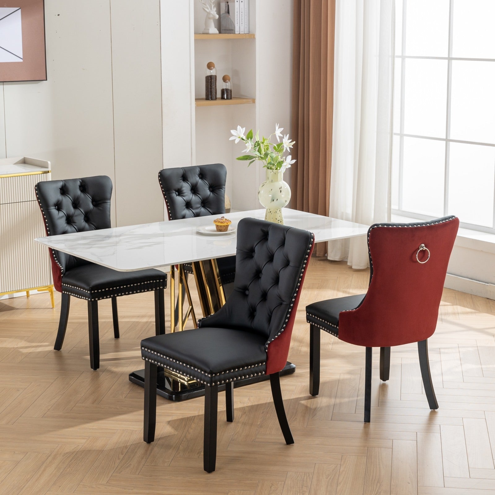 Tufted Solid Wood PU Upholstered Dining Chair with Wood Legs (Set of 2)