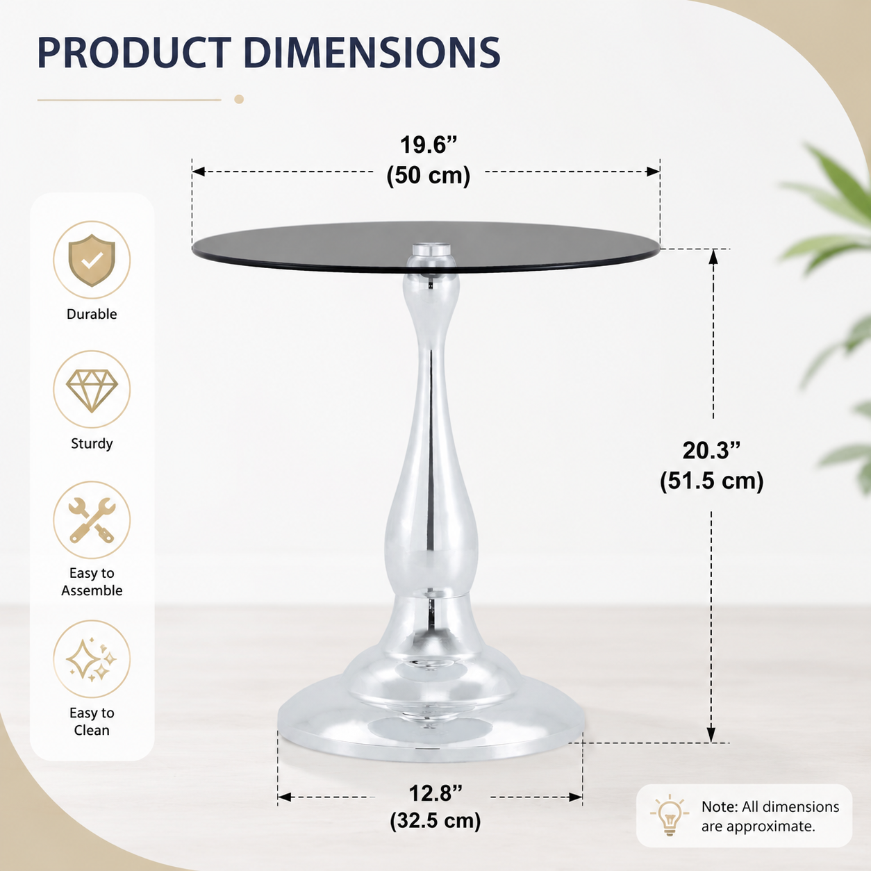20" Small Luxury Metal Round Side Table with a Glass Top