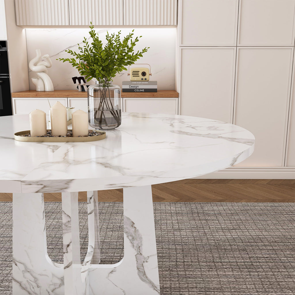Modern 47.24' Round Dining Table with Marble White Finish