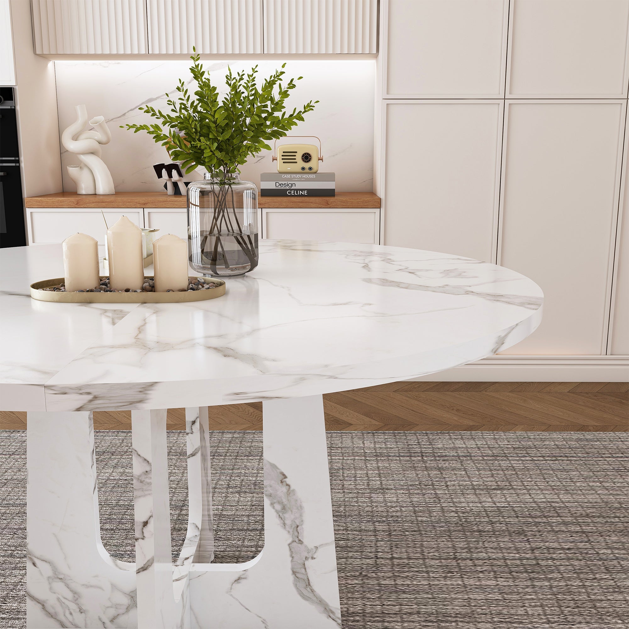Modern 47.24' Round Dining Table with Marble White Finish