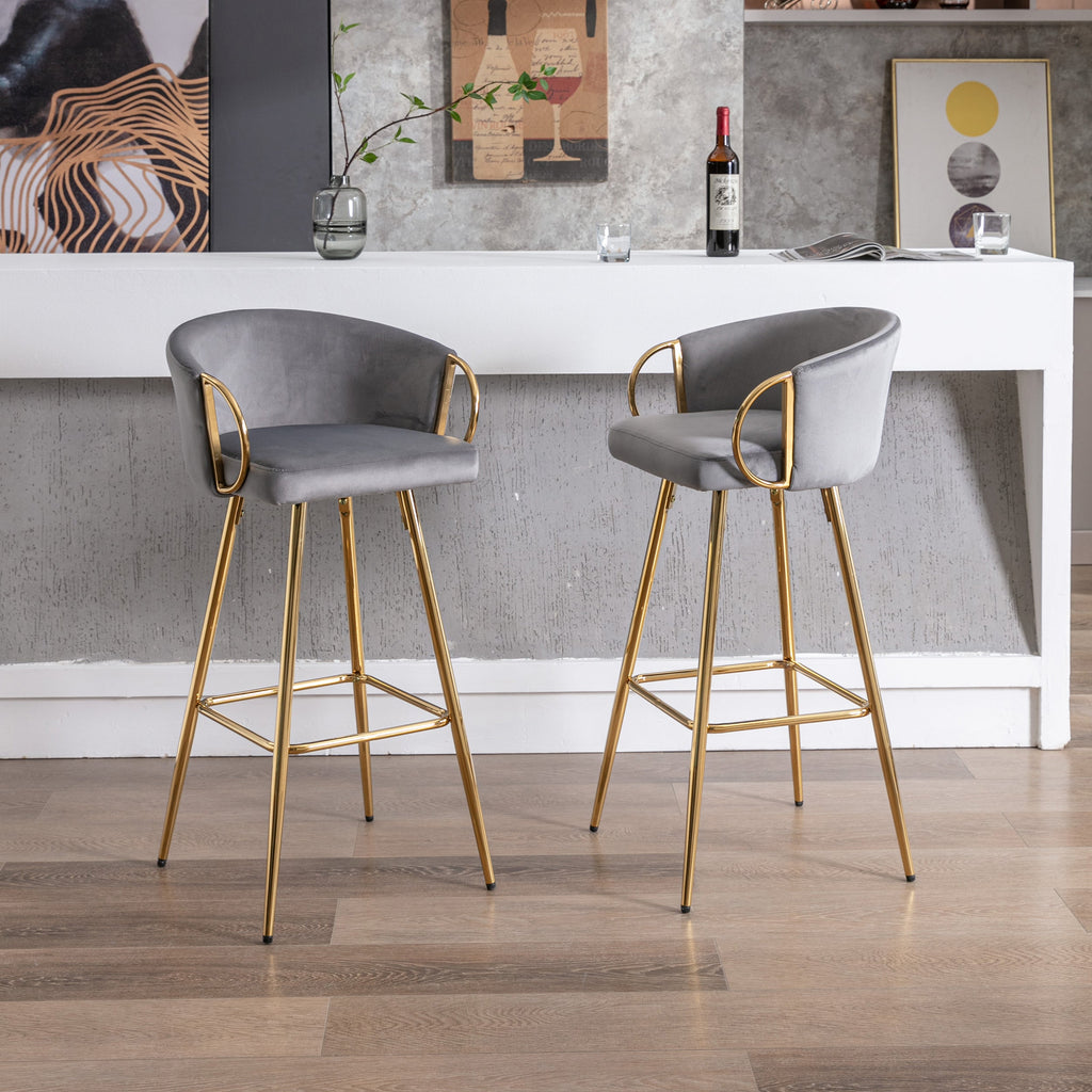 Velvet Bar Stools with Chrome Footrest and Base（Set of 2)