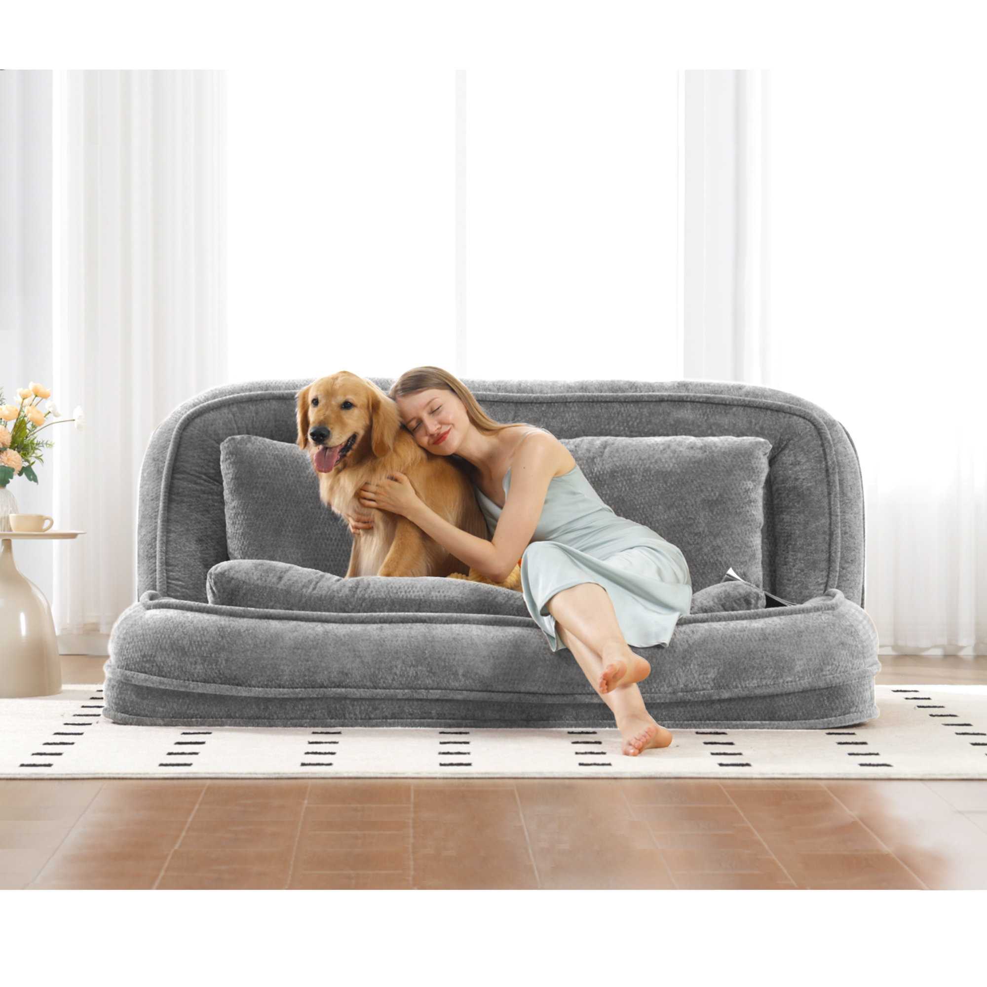 2-in-1 Extra Large Chenille Floor Couch Loveseat for Humans & Dogs