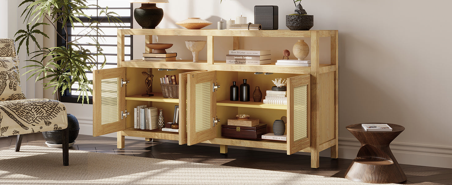 Bohemian Style Rattan Storage Cabinet with 3-position Adjustable Shelves