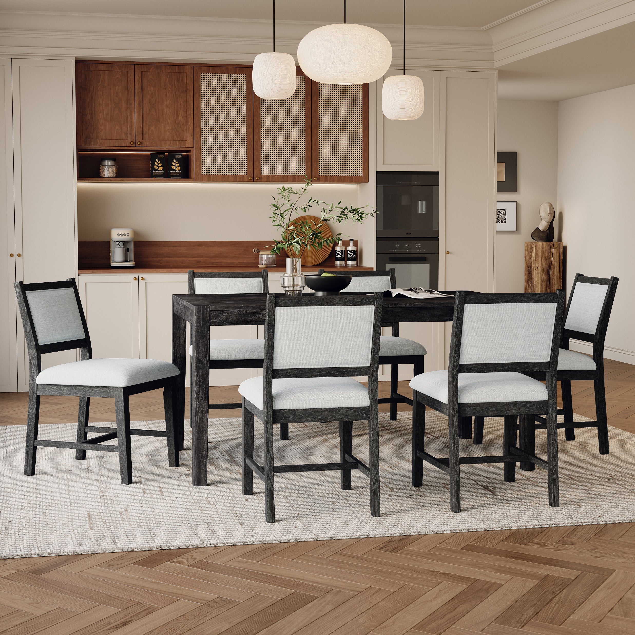 7-Piece Retro Rectangular Wood Dining Table Set