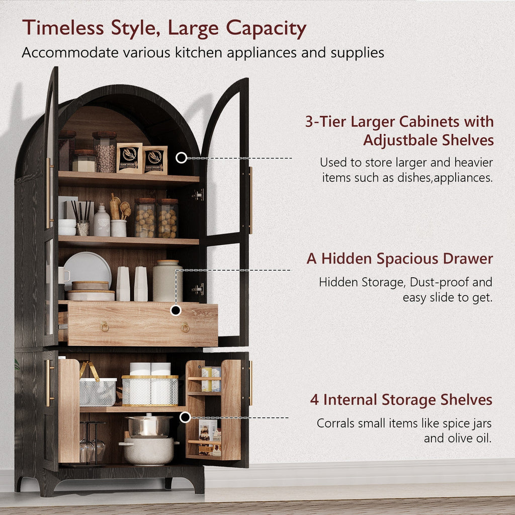 71" Tall Arched Farmhouse Kitchen Pantry Cabinet with Door Shelves