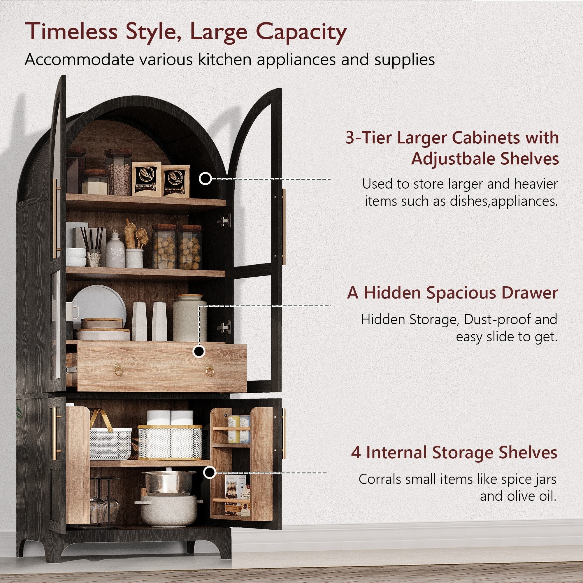 71" Tall Arched Farmhouse Kitchen Pantry Cabinet with Door Shelves