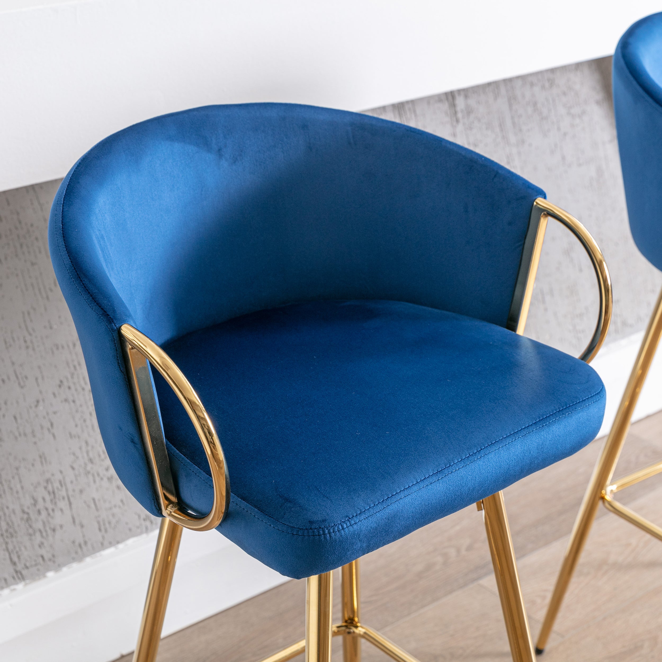Velvet Bar Stools with Chrome Footrest and Base（Set of 2)