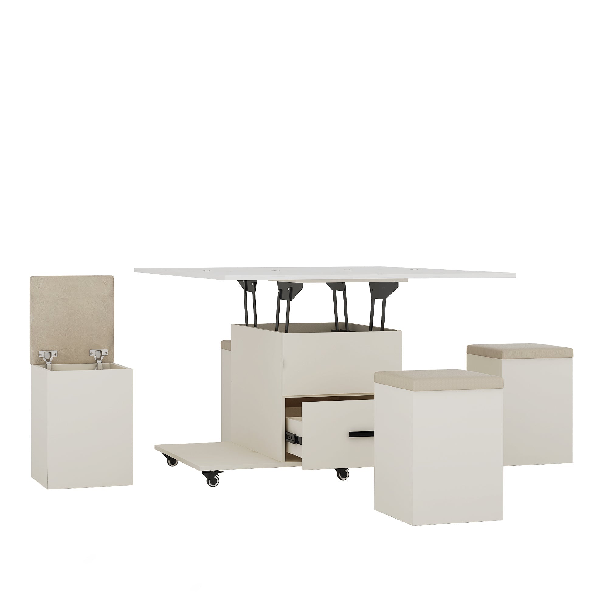 Modern Lift-Up Coffee Table with 4 Stools Set