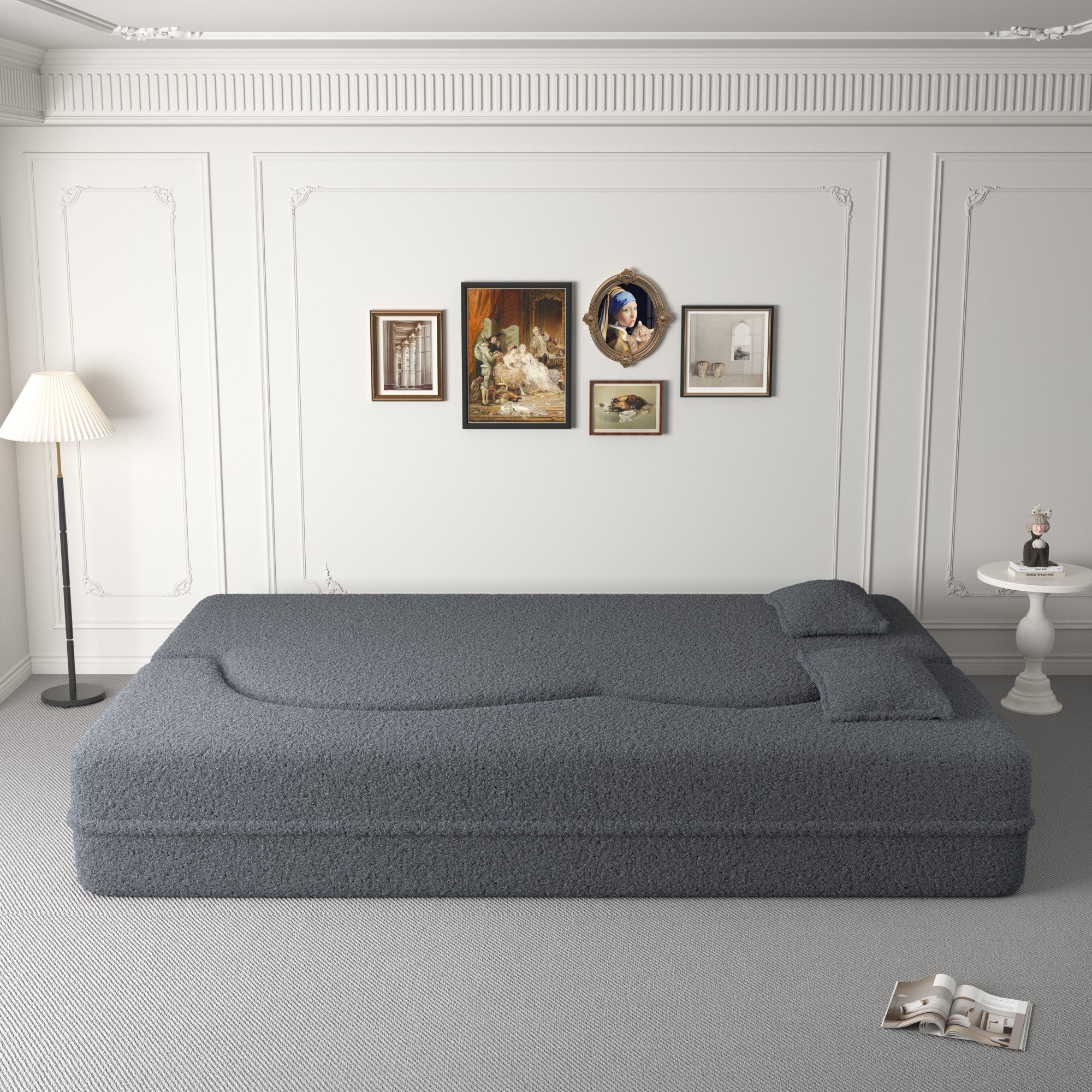 Modern Convertible Teddy Fabric Sofa with 2 Pillows