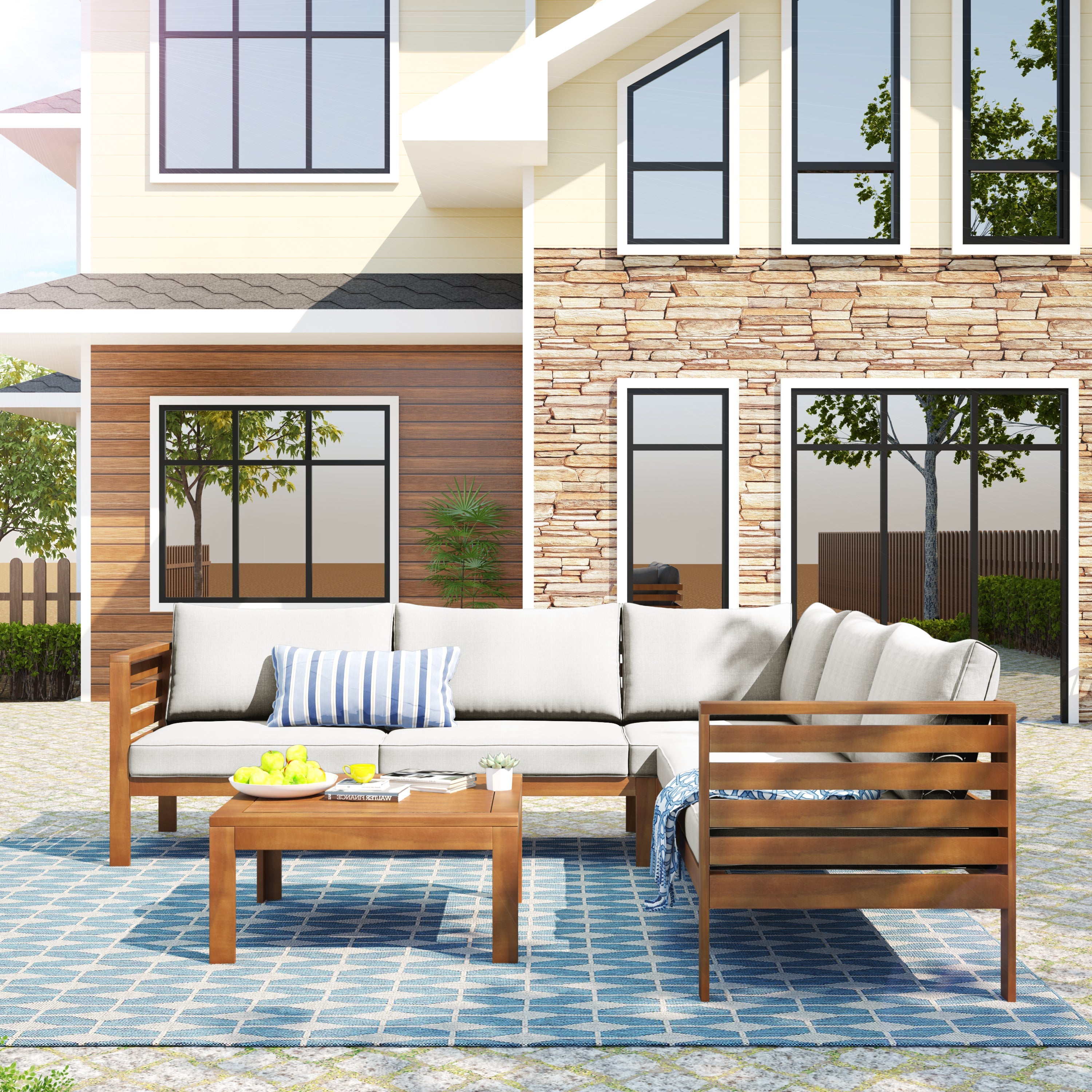 Acacia wood outdoor sofa set UV resistant water resistant cushions durable metal frame ideal patio garden outdoor living