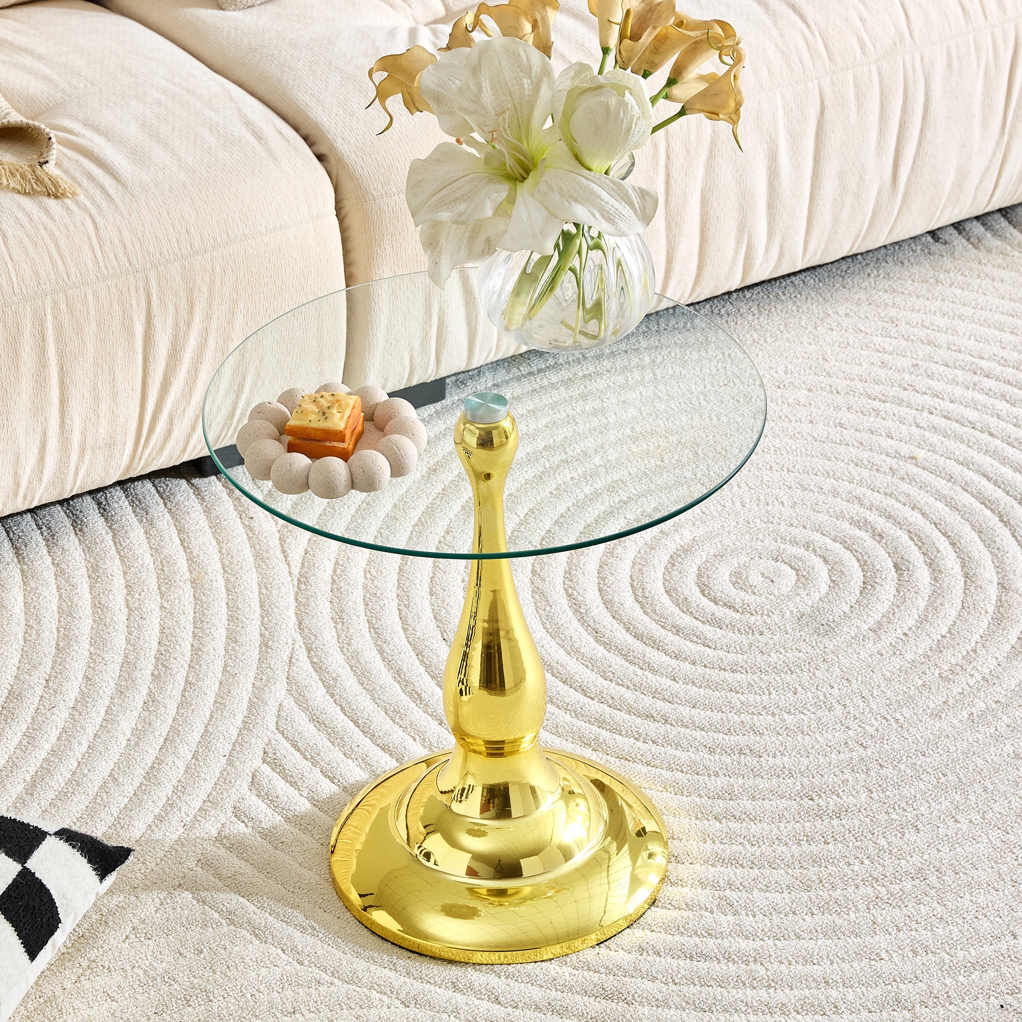 20" Small Luxury Metal Round Side Table with a Glass Top