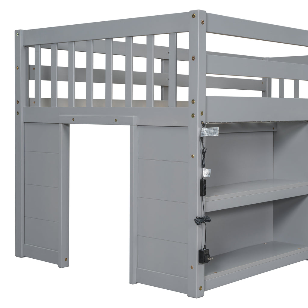 Twin Size Kid Low Loft Bed With Two-Tier Shelves