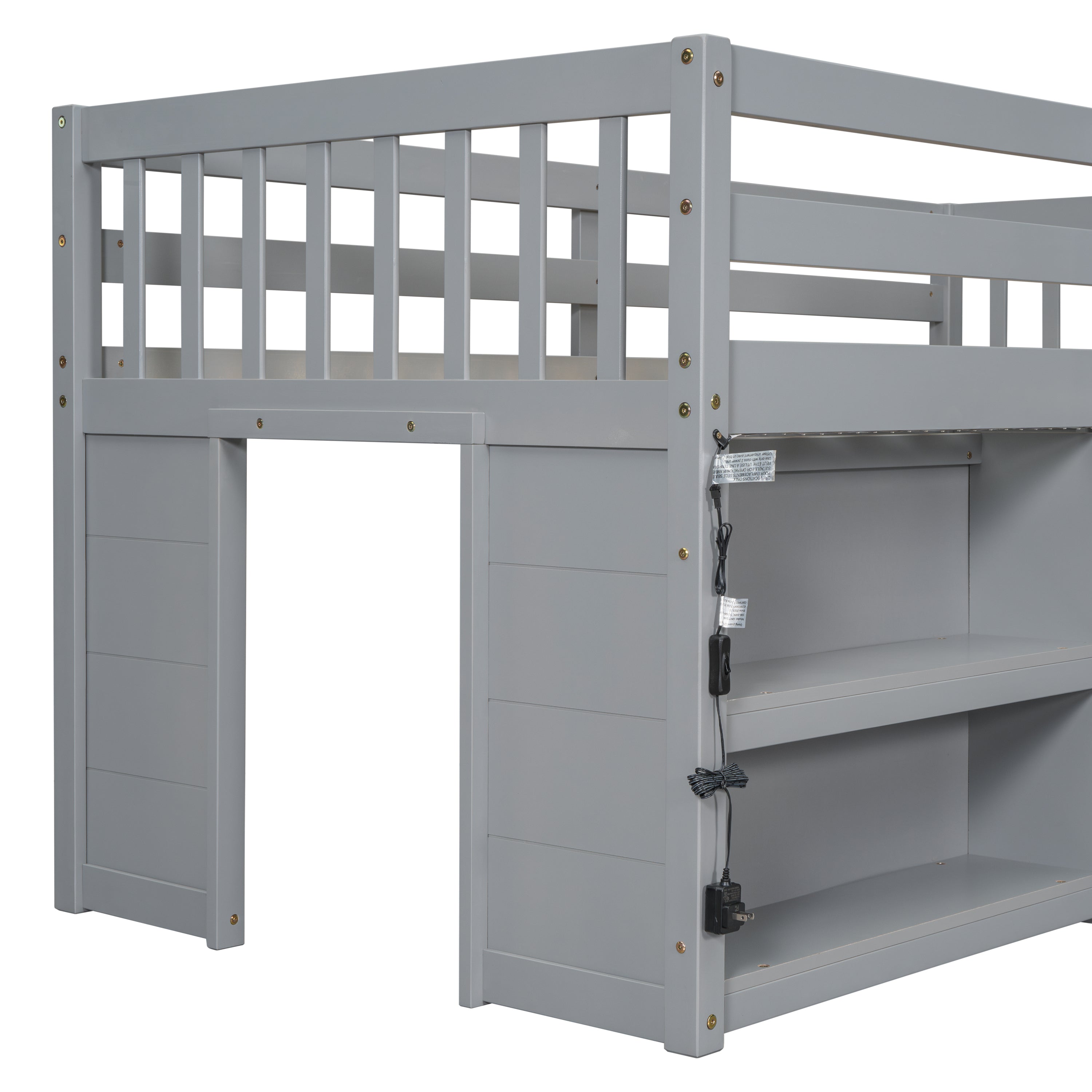 Twin Size Kid Low Loft Bed With Two-Tier Shelves