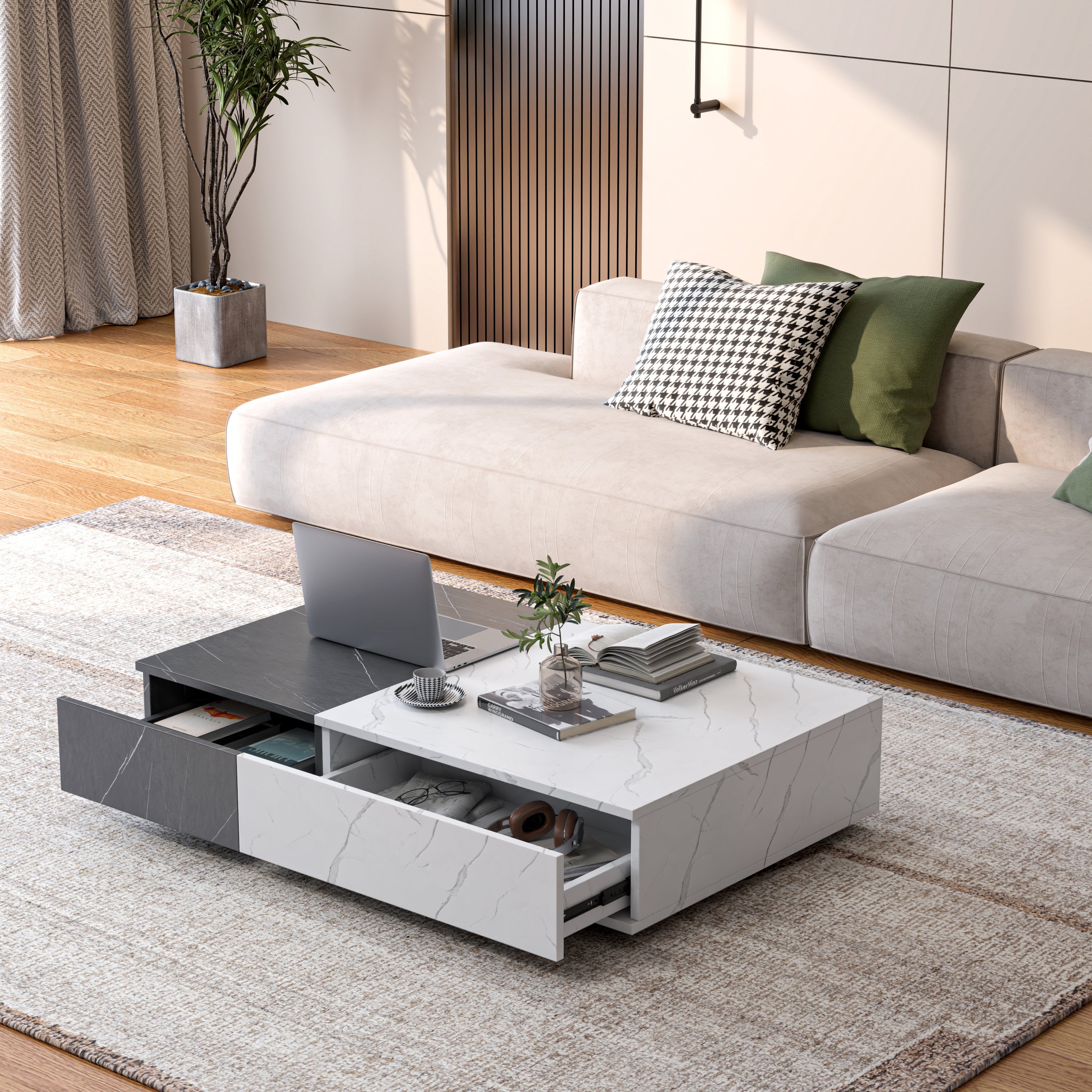 Modern Style Walnut Coffee Table with two Storage Spaces