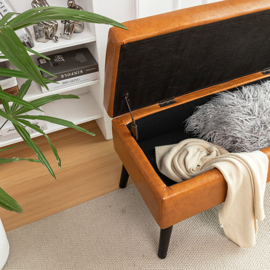 Brown PU Leather Storage Bench
