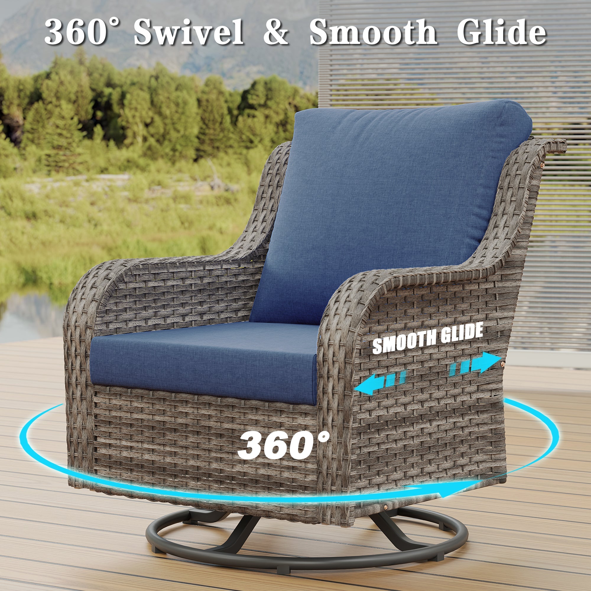 2-Piece Outdoor Wicker Swivel Chairs with Side Table Blue Cushioned Patio Set
